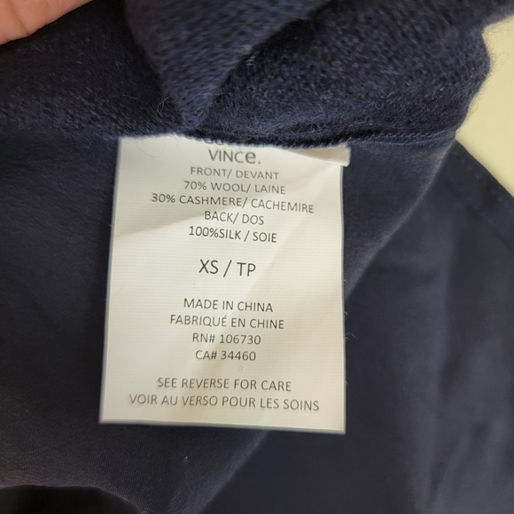 VINCE. Navy Silk Back Wool Cashmere V Neck Sweater - Picture 5 of 7